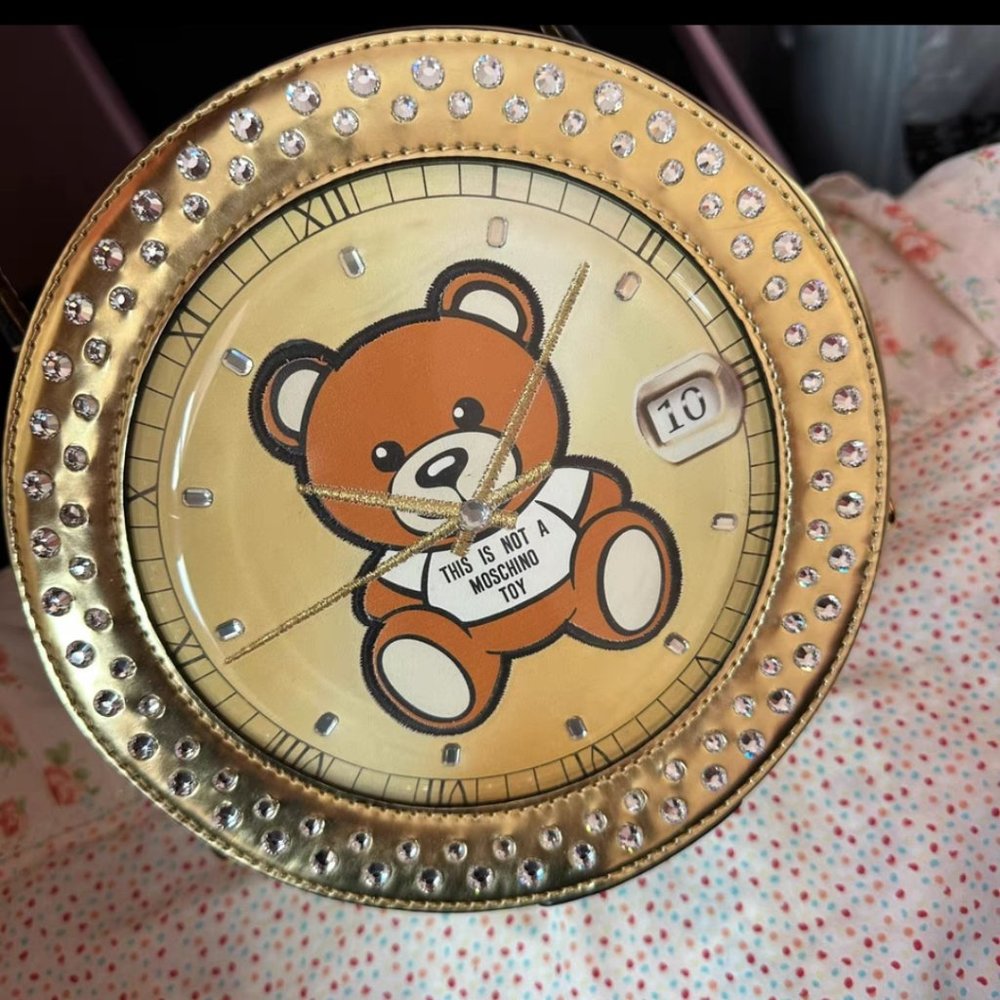 Moschino Gold Teddy Bear Watch Leather Satchel Brown Golden